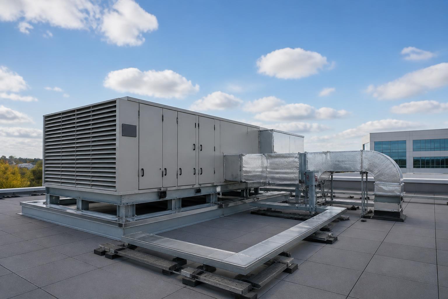 Rooftop commercial HVAC unit and insulated ductwork on an office building
