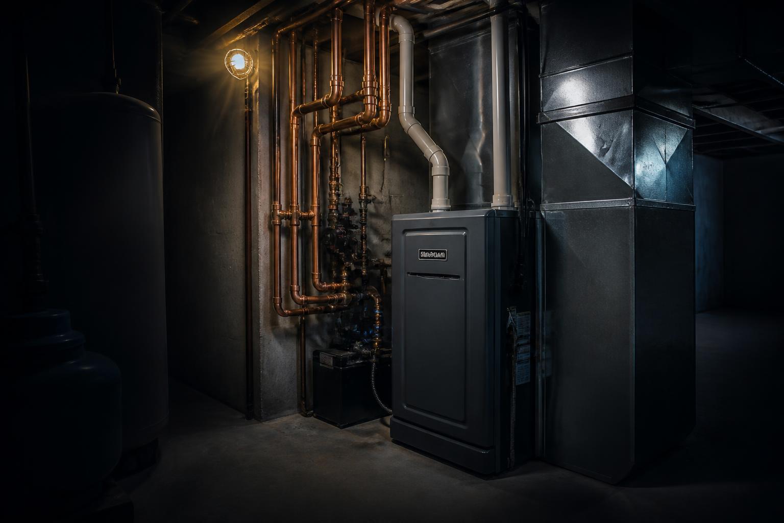 Residential furnace and ductwork lit by a single work light