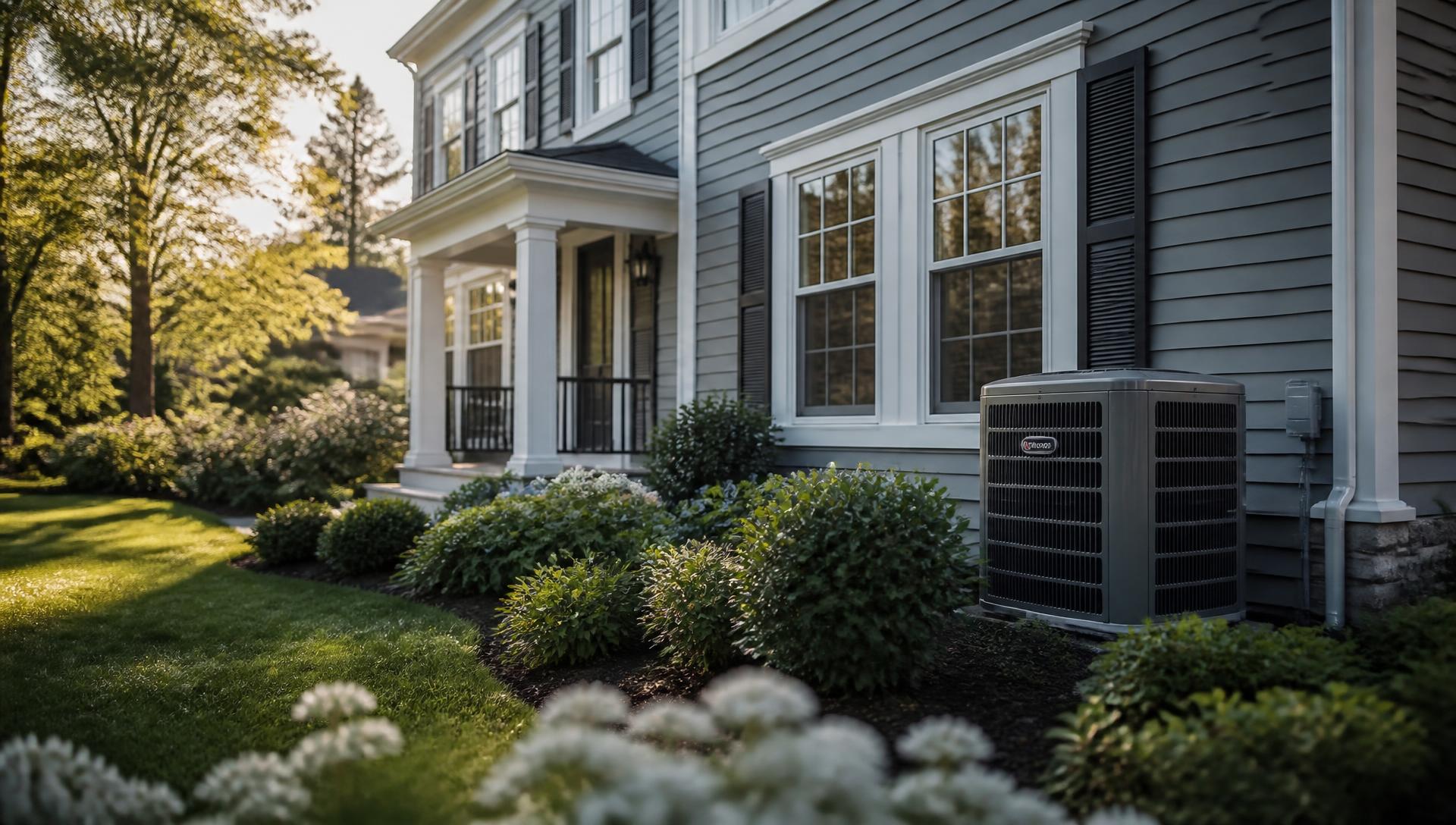 Connecticut colonial home with an outdoor air conditioning condenser at golden hour